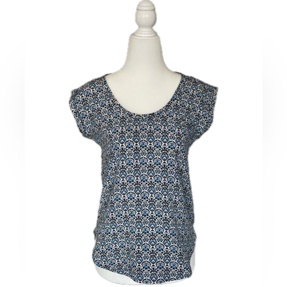 J Crew Short Sleeve White Blouse with Bright Blue and Black Pattern, Size “00”